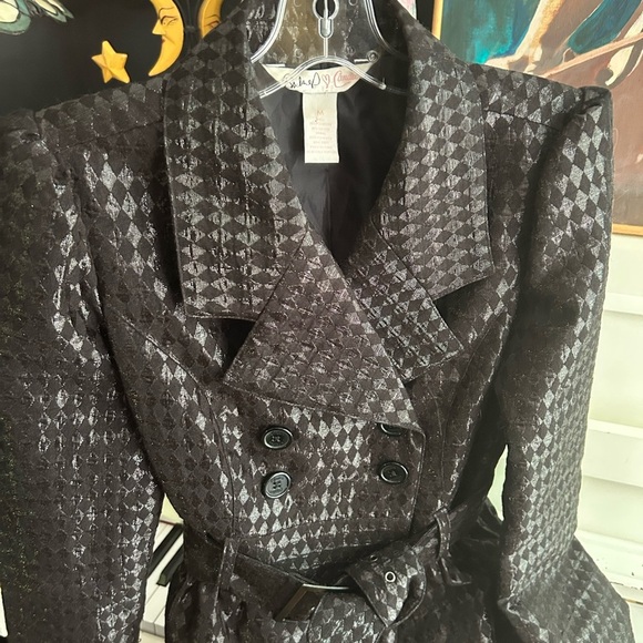 Y2K Candie's Glossy Black Houndstooth Trench Coat M - Picture 10 of 16